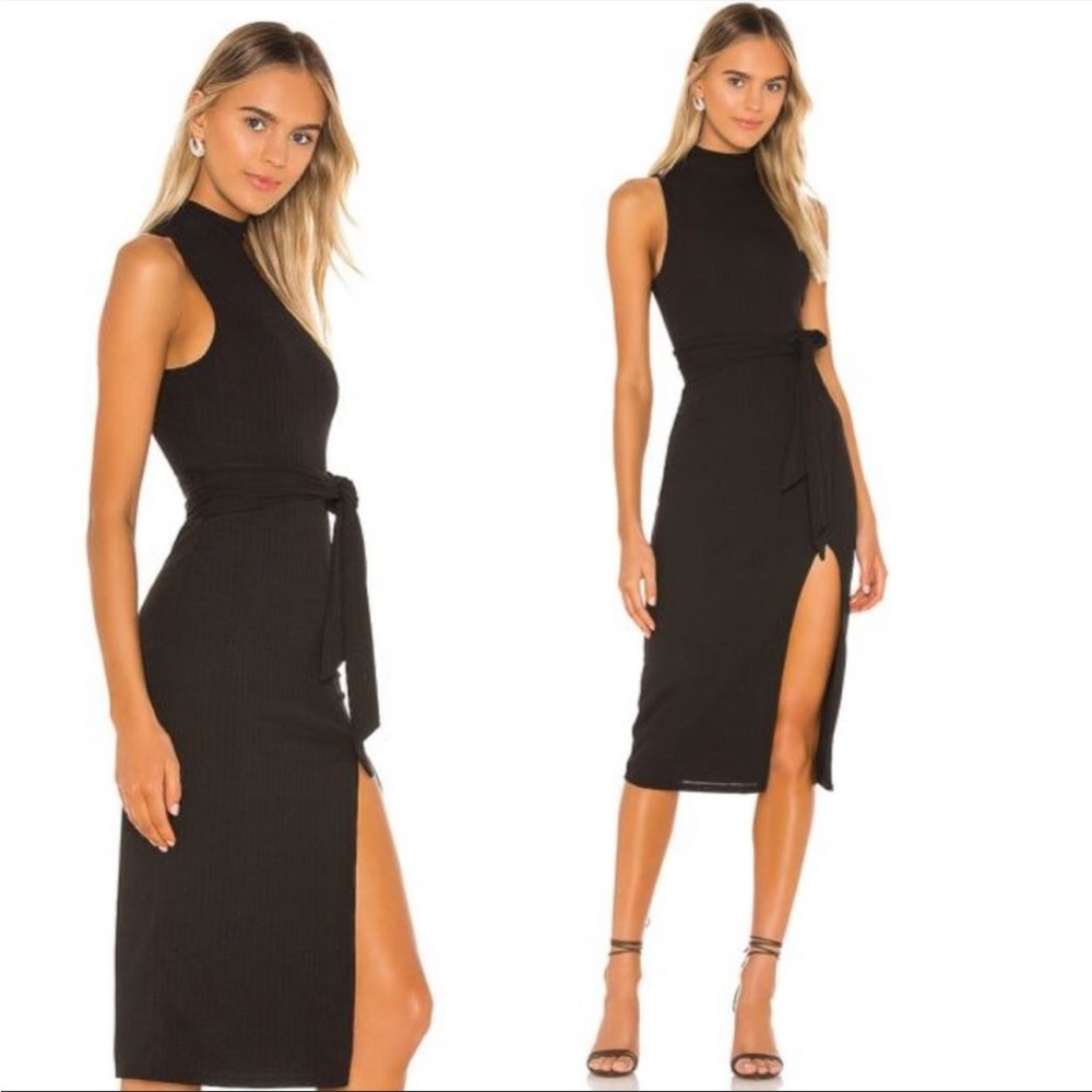 Devyn High Neck Ribbed Midi Dress in Black Size S